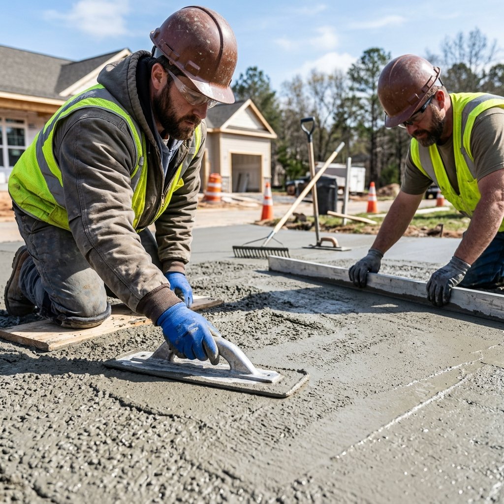 Concreters finishing fresh wet concrete